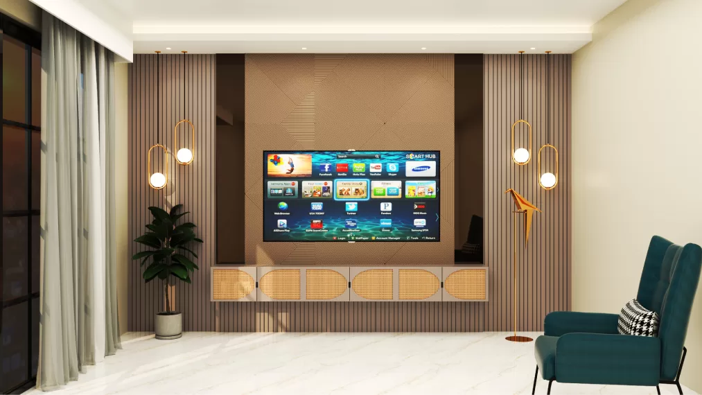 TV unit design with vertical grooves and floating console in Chennai