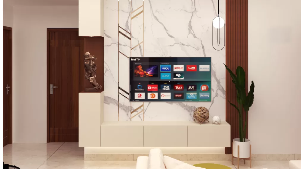 Stylish television unit with backlit marble wall with white marble