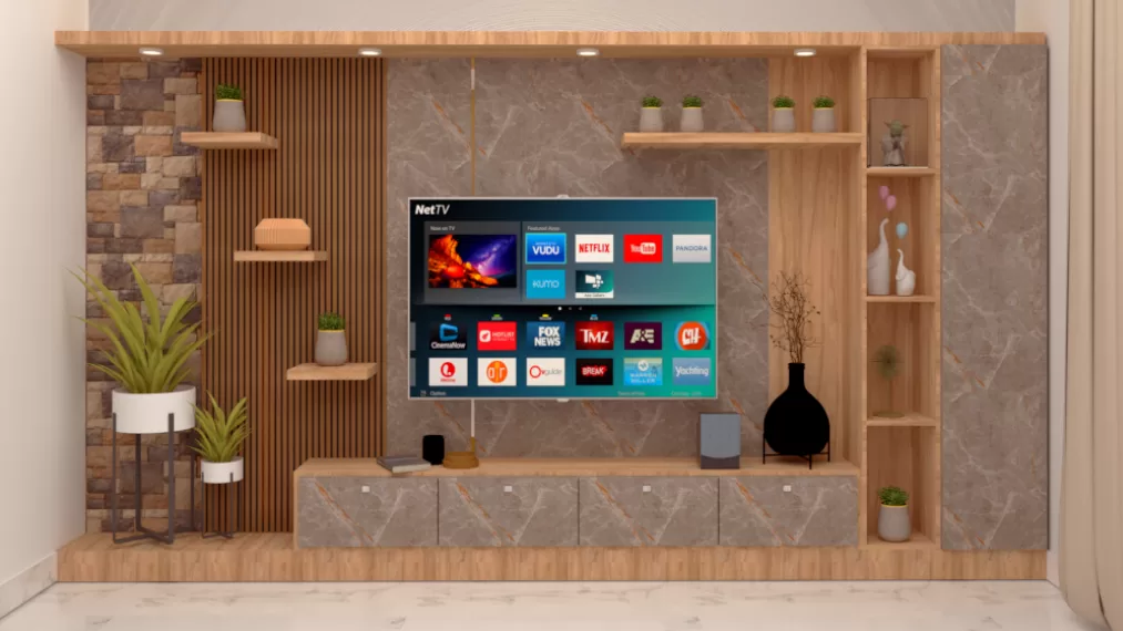 Contemporary TV unit design with open storage and neutral color palette