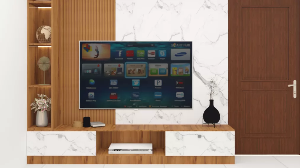 Compact wood and marble tv unit design in Bangalore