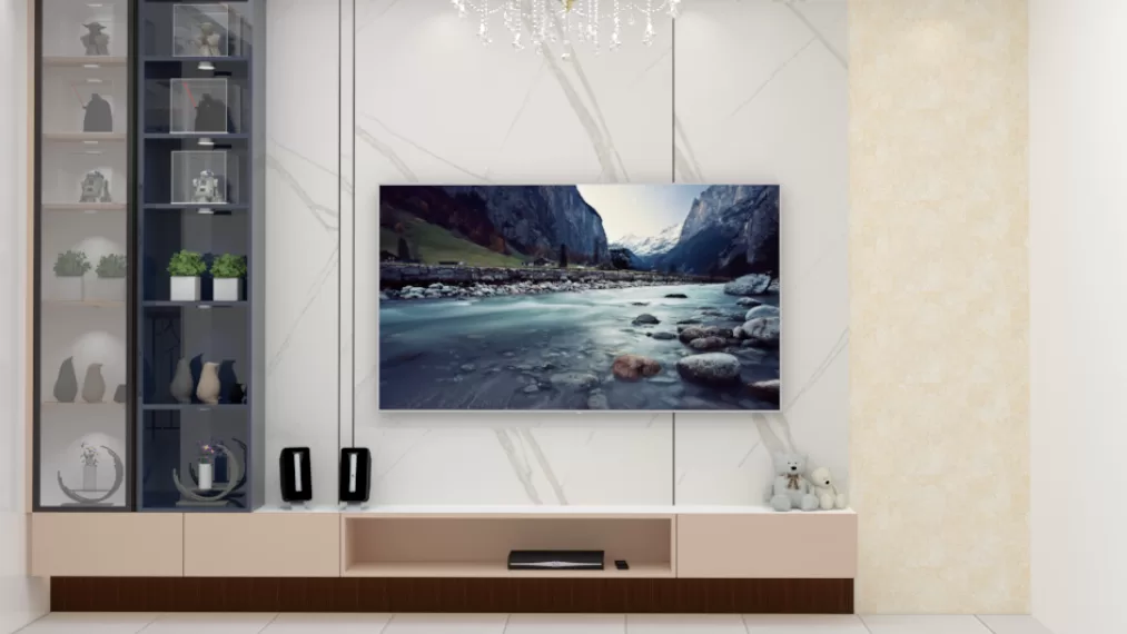 Sleek TV unit design with white marble texture interior designers in Bangalore