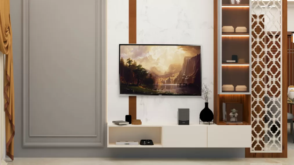 Minimal TV unit white wooden panel interior design in hyderabad, gachibowli
