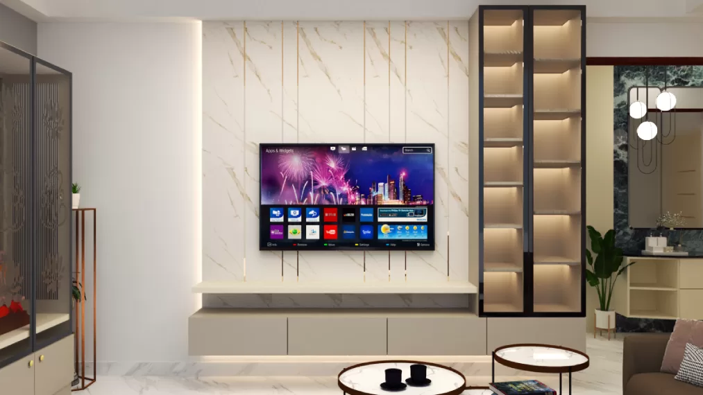 Elegant TV unit with marble-textured wall panel interior design in Chennai, Velachery