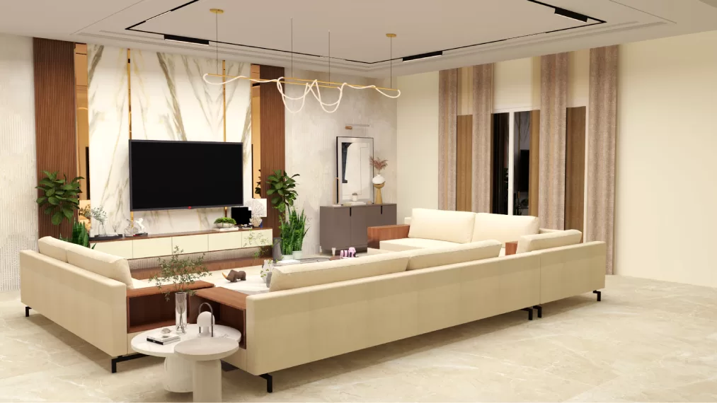 Beige sectional sofa marble feature wall tv unit design