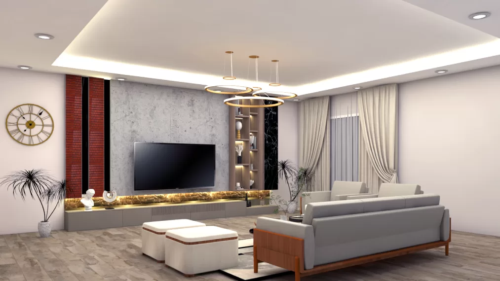 TV unit design for hall featuring backlit marble panel sleek console and built-in shelving
