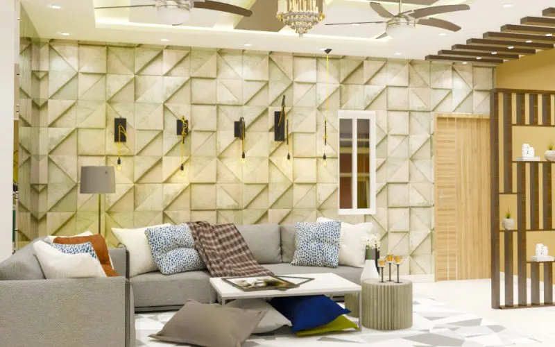 3D pannel Living room design wall with a 3+1 seater sofa in Bangalore