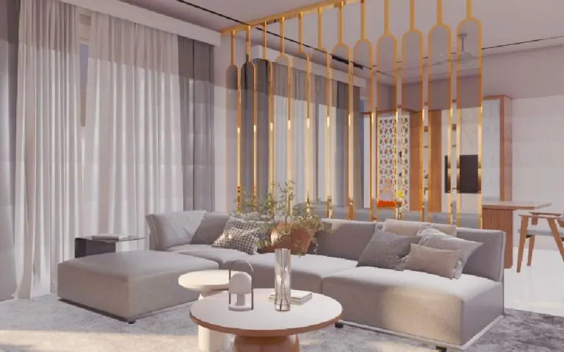 Fluted glass partition living room interior design with L-Shape Sofa