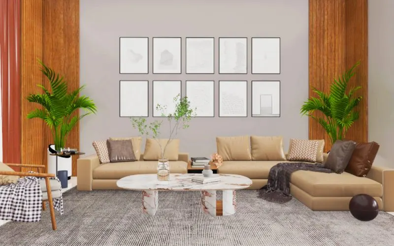 Fluted wall panels living room design with a biege sofa