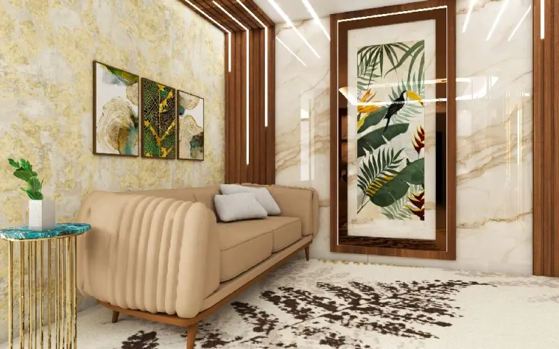 Luxurious flutted pannels living room design with glorry wall panels in Bangalore, Hyderabad and Chennai