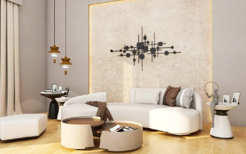PU Pannels living room interior design with core light wallpaper and flory sofa