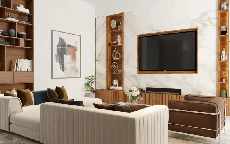 White and wood themed Living room design with L-SHAPE SOFA
