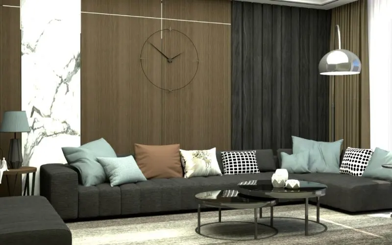 Wooden Back Panels living room interior design with a Minimalist Sofa