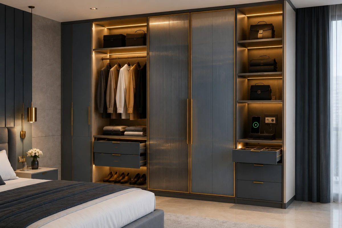 Luxury bedroom wardrobe with fluted glass doors and integrated LED lighting 2026