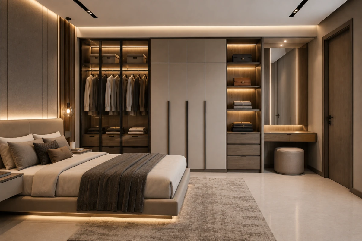 Modern apartment bedroom with modular wardrobe, LED lighting, and dressing unit