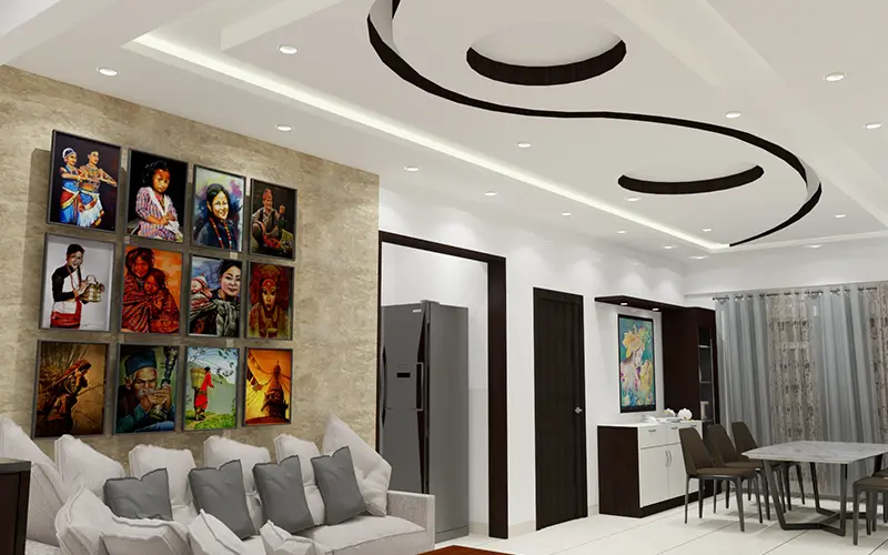 Attractive false ceiling design for hall with artistic wall décor