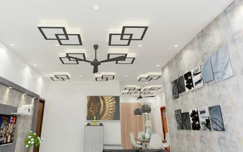 Modern false ceiling design with square patterns and ceiling fans in a stylish living room