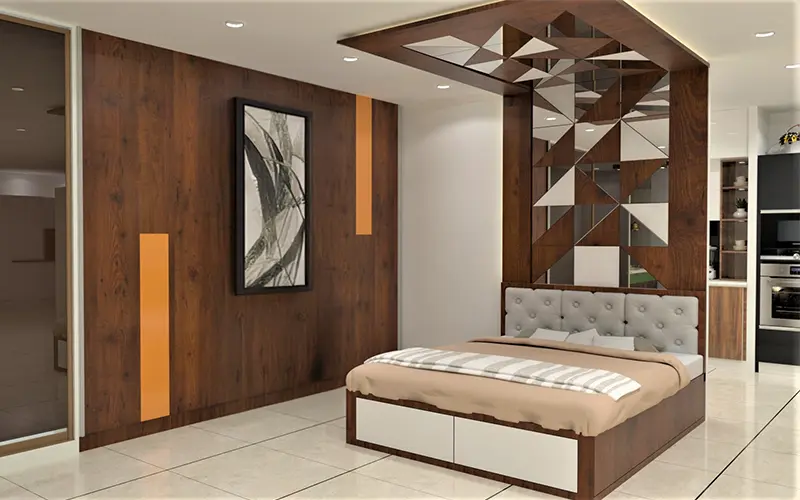 Modern bedroom with wooden and mirrored false ceiling design for a stylish look