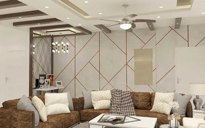 Modern living room with stylish false ceiling design and cozy brown sectional sofa
