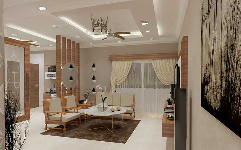 Modern false ceiling design with recessed lighting and ceiling fan in a stylish living room of Hyderabad.