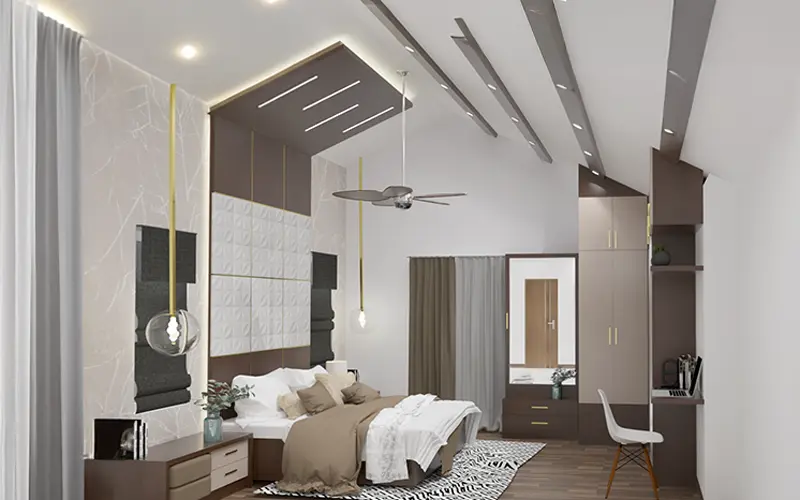 Modern bedroom with stylish false ceiling design featuring wooden accents