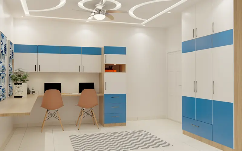 Contemporary study room with creative circular false ceiling design and integrated LED lighting