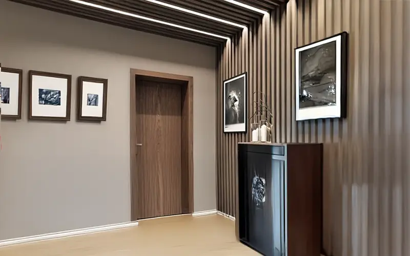 Modern hallway with wooden panel false ceiling design and integrated strip lighting