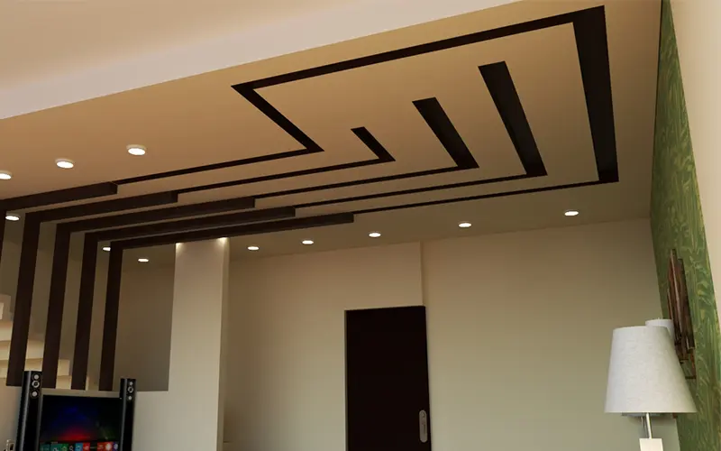 Living room with modern geometric false ceiling design featuring wooden accents and recessed lighting