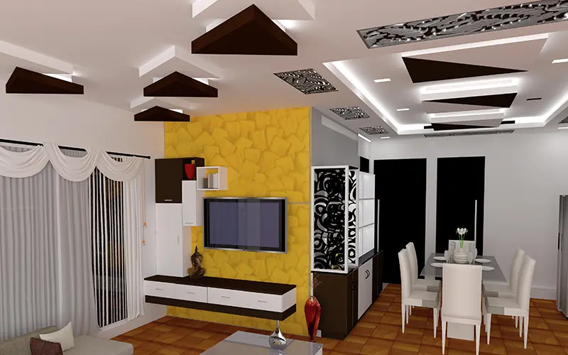 living and dining area with creative false ceiling design featuring geometric panels