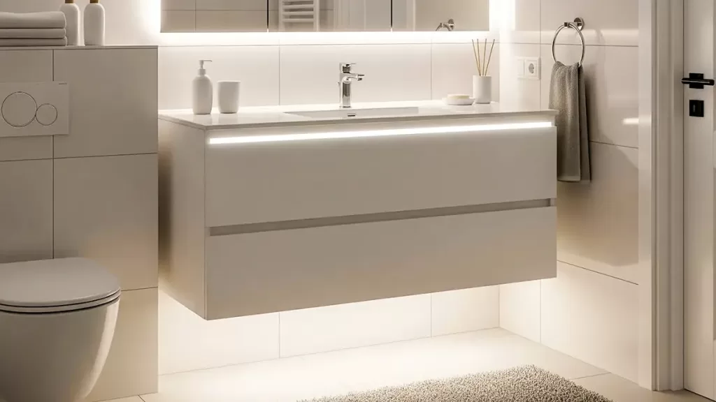 Floating Vanity design with Under-Cabinet Lighting