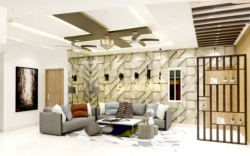 Geomatricall wall with False Ceiling design in living room