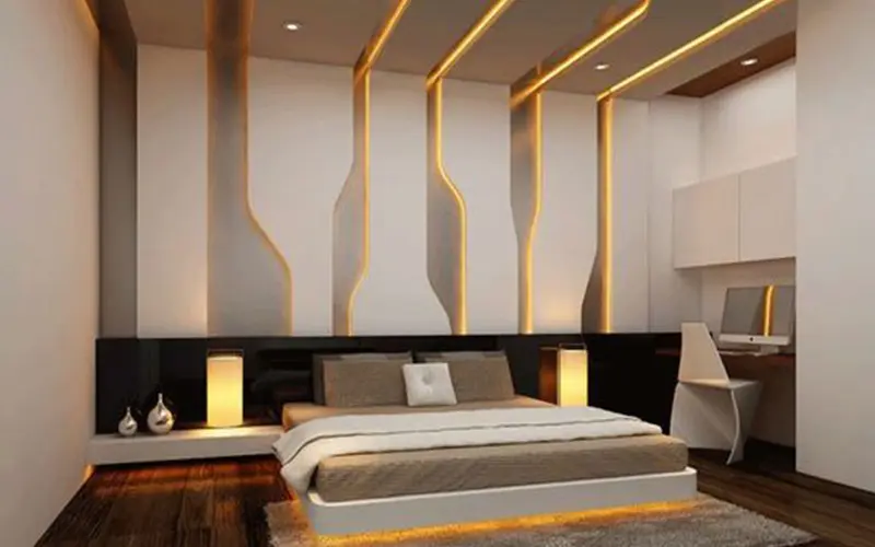 Luxurious bedroom with modern Good Looking false ceiling design and warm LED strip lighting