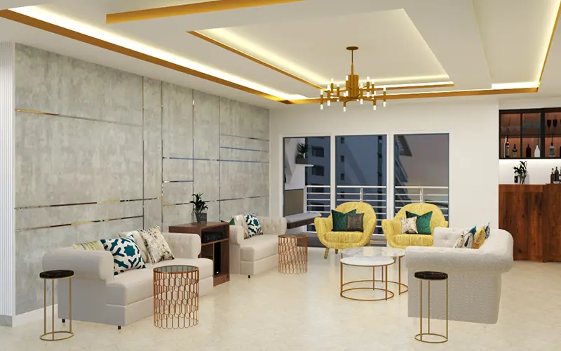 Spacious living room with latest false ceiling design featuring recessed lighting and golden accents