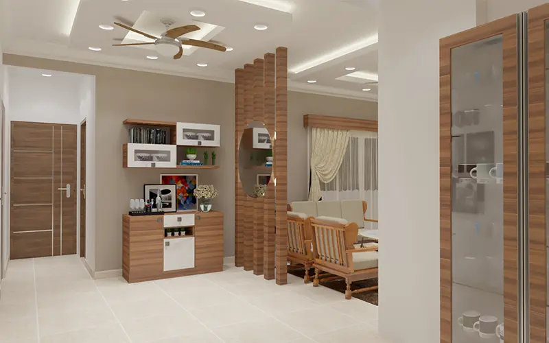 Elegant living space with latest false ceiling design featuring recessed lighting hyderabad