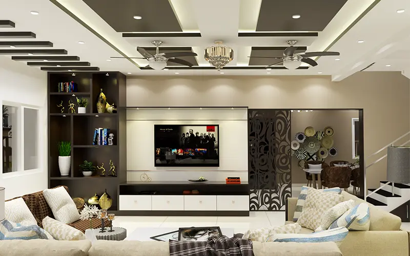 Modern false ceiling design in elegant living room with TV unit
