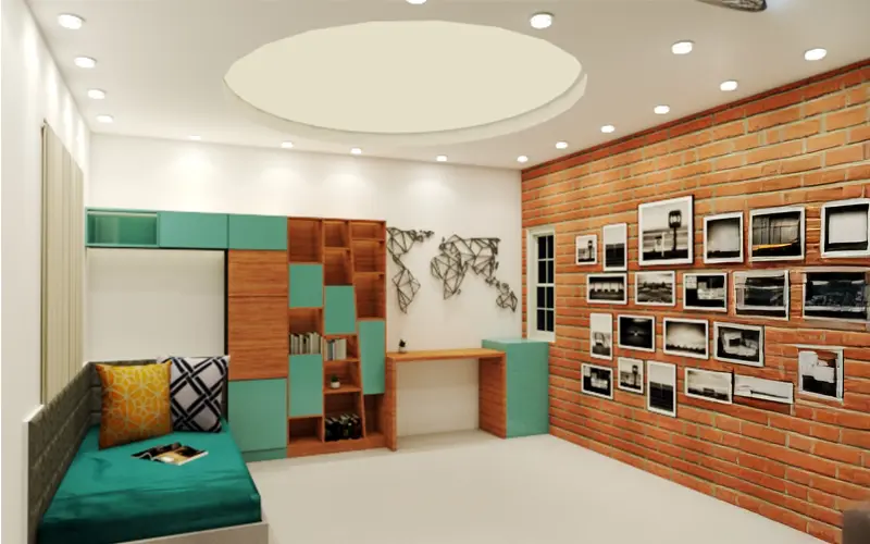 Trendy room with circular false ceiling design and modern storage units