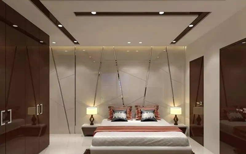 modern false ceiling design and warm ambient lighting for bedroom