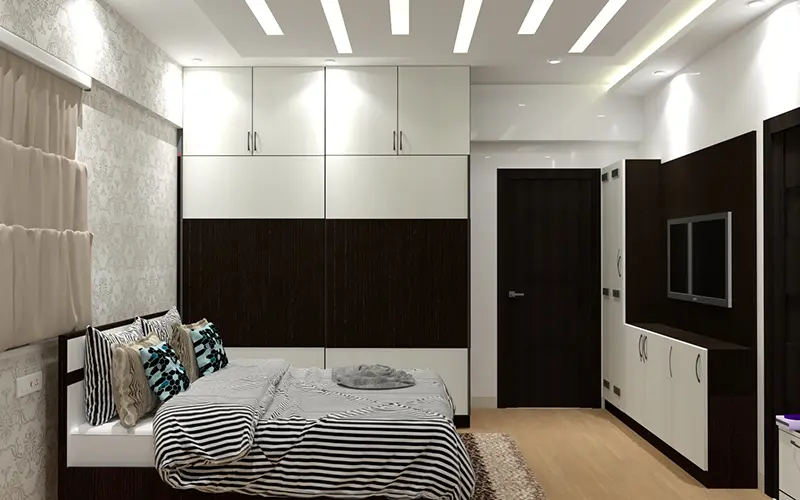 compartment-style false ceiling design and modern black and white interiors