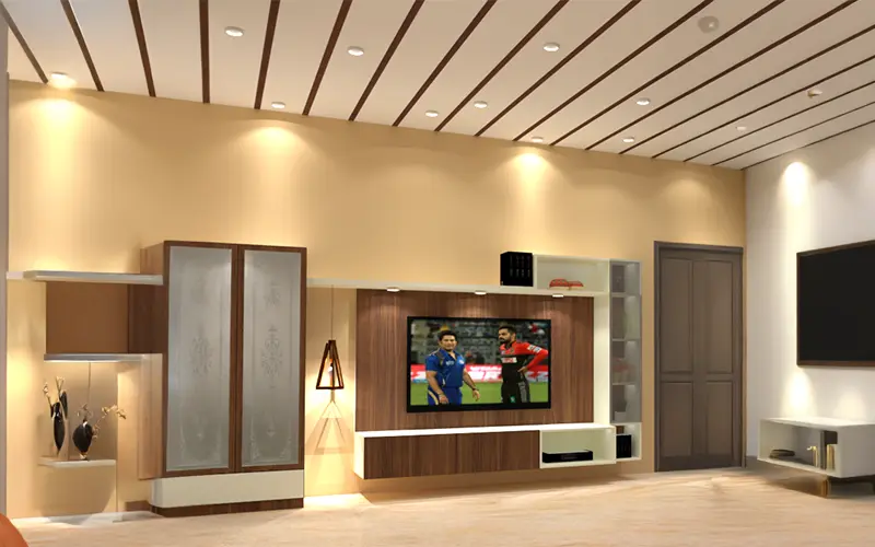 Living room with sleek wooden strip false ceiling design and recessed spot lighting