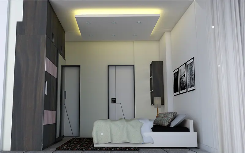 Small bedroom with modern false ceiling design and sleek minimal interiors
