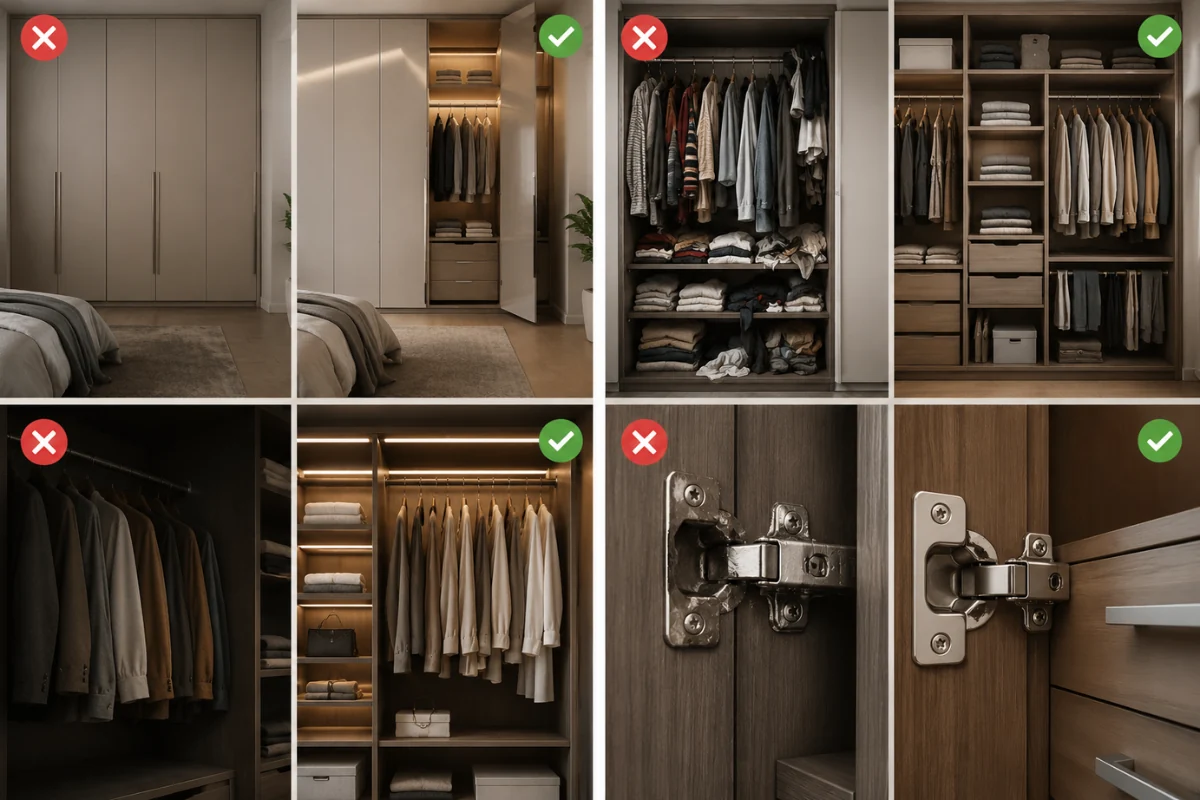 Good vs bad wardrobe design examples with organized storage and premium hardware.