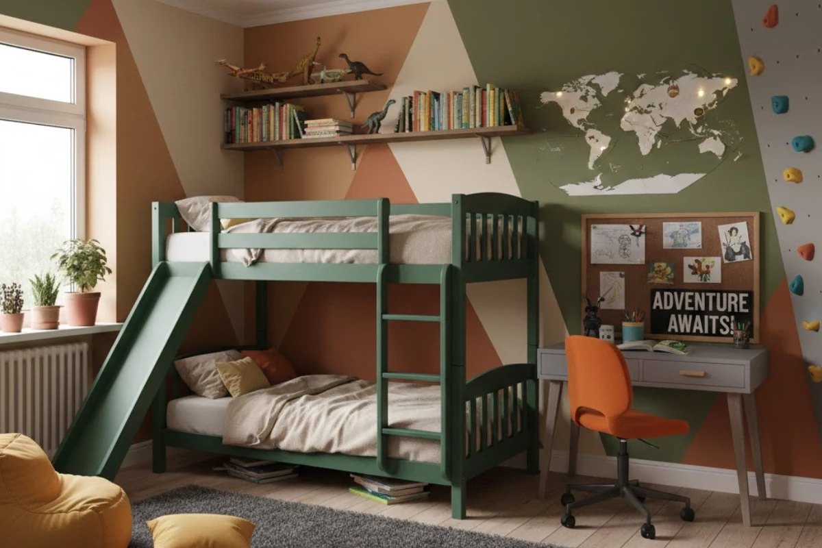 Child room design featuring space-saving furniture and soft colors