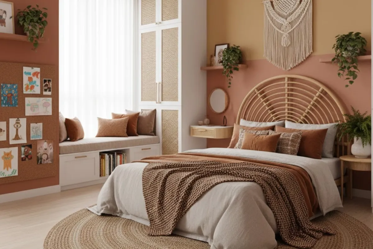 Child room design with study area and creative wall décor