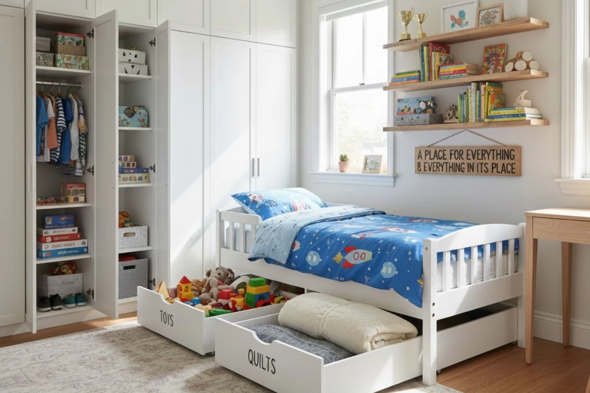 Children room design with bunk bed and organized storage units
