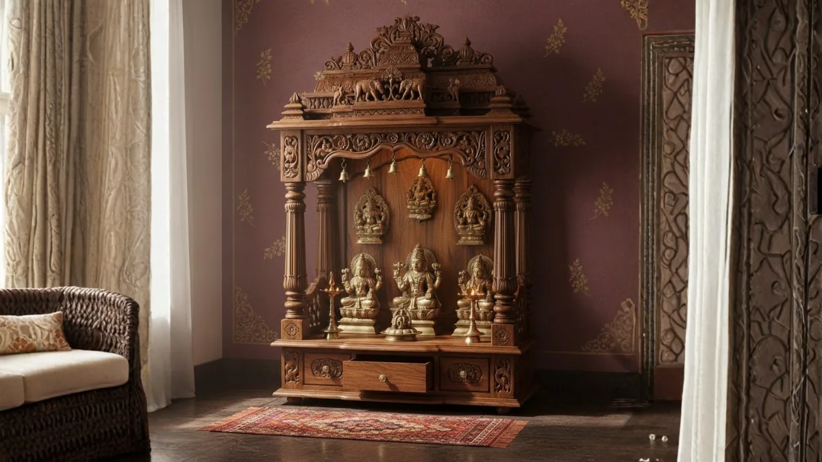 Classic Wood & Carving Look pooja room design