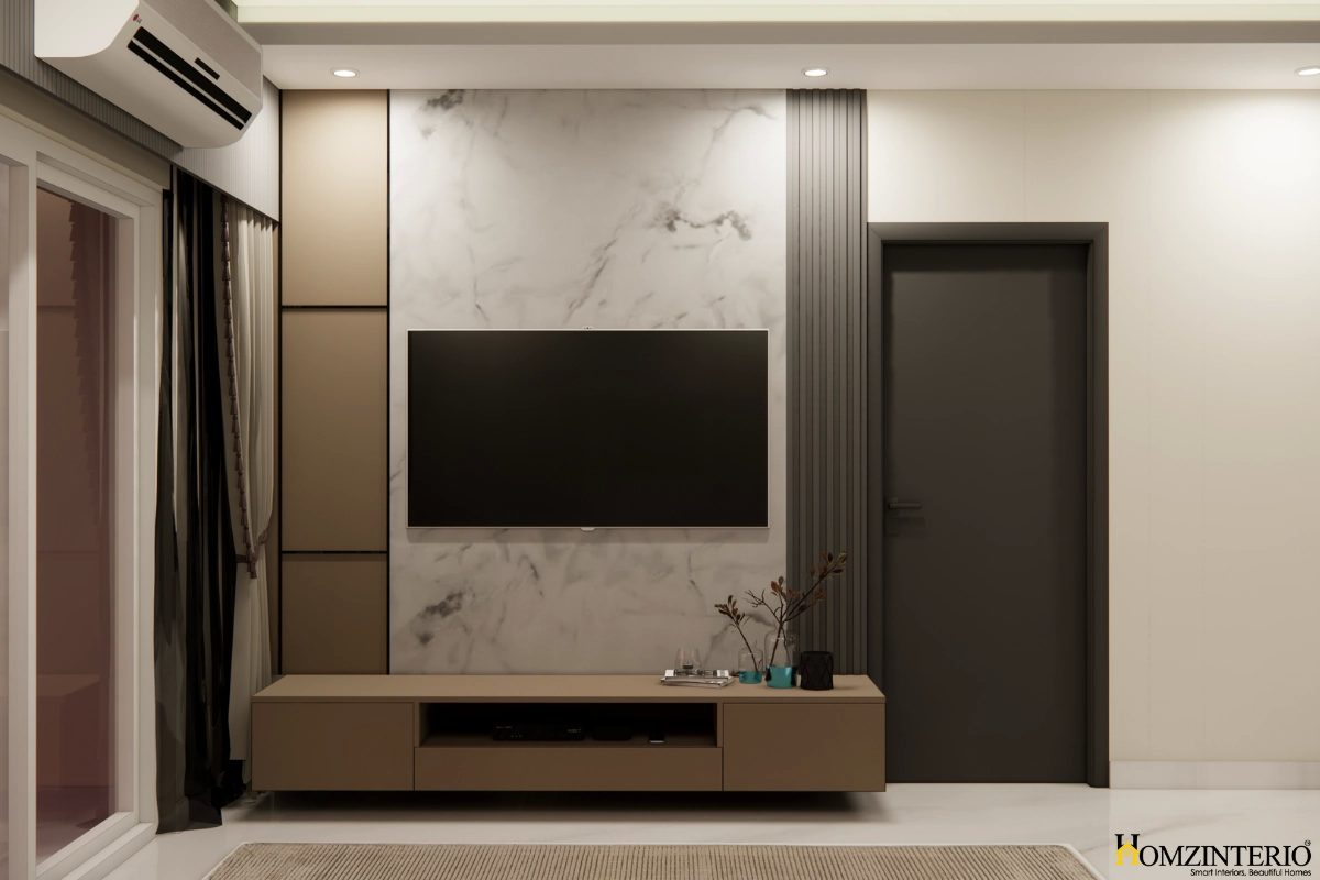 Functional TV cabinet design for hall with hidden cable management and organized storage