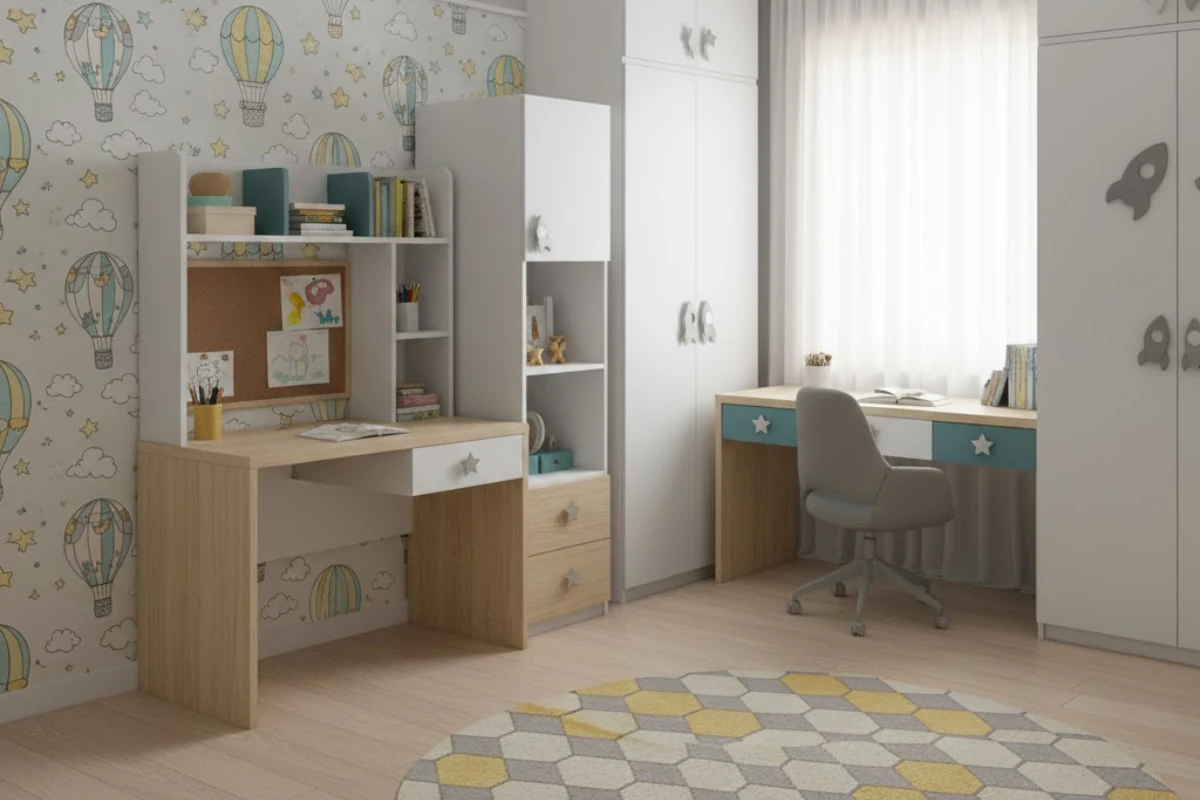 Kids room interior design with colorful furniture and smart storage