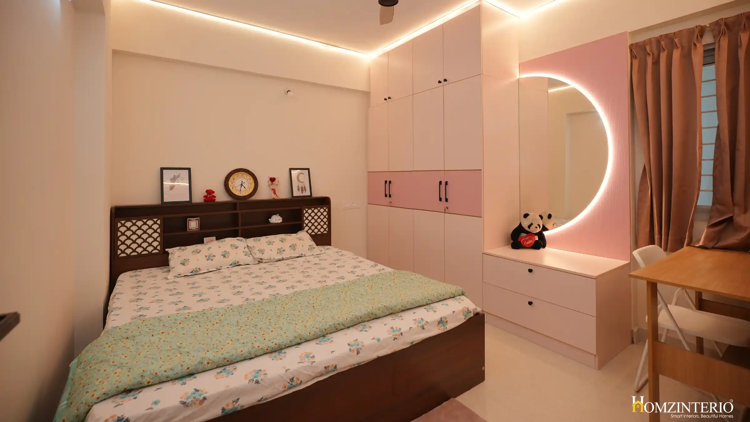 Master bedroom design with mirror panel in a 3 bhk apartment
