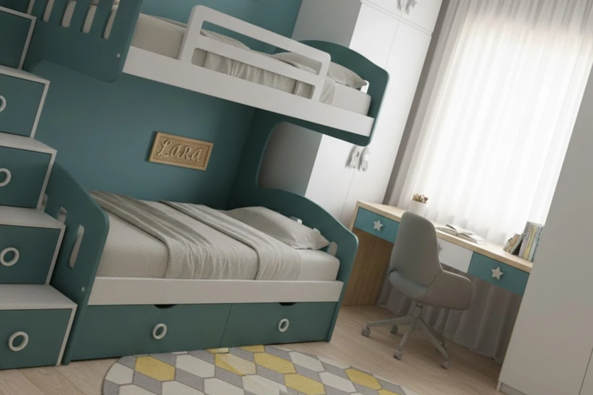 Modern kids room interior design with playful theme and safe layout