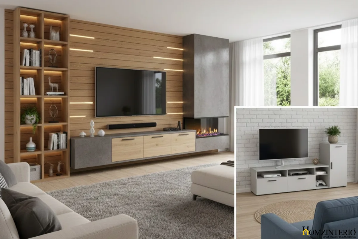 Modern style TV unit design for hall with fluted wood paneling and floating cabinet