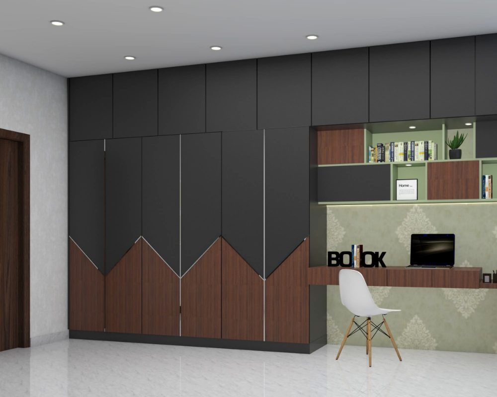 Modular wardrobe with study desk black wood finish